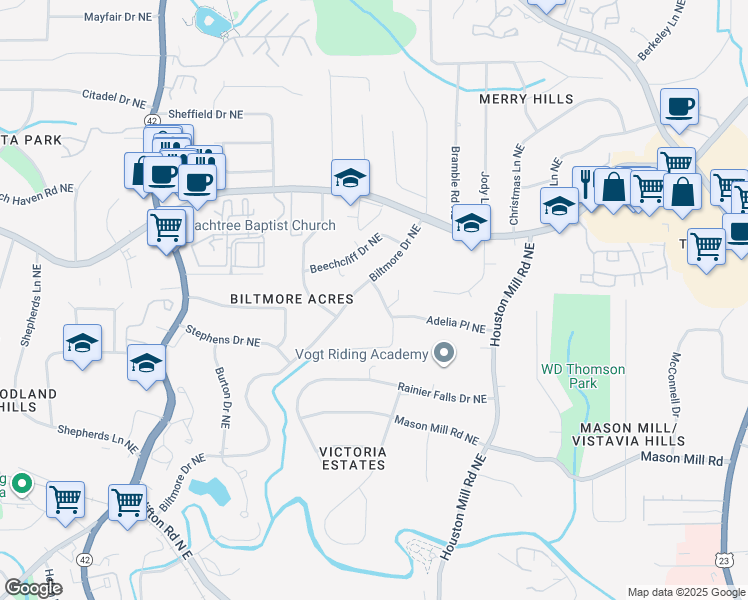 map of restaurants, bars, coffee shops, grocery stores, and more near 1565 Adelia Place Northeast in Atlanta