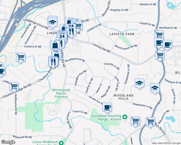 map of restaurants, bars, coffee shops, grocery stores, and more near 1271 Woodland Avenue Northeast in Atlanta