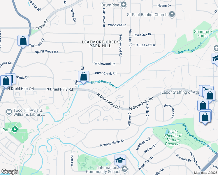 map of restaurants, bars, coffee shops, grocery stores, and more near 2353 Medlock Lane in Decatur