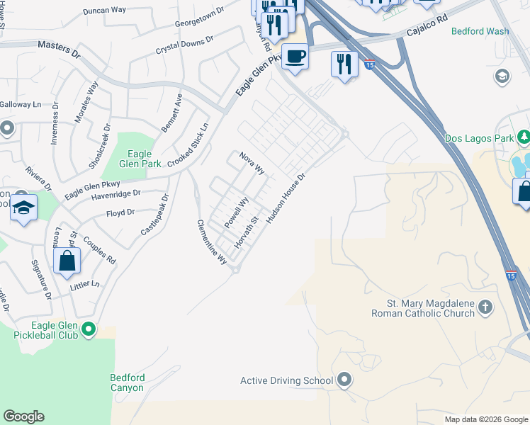 map of restaurants, bars, coffee shops, grocery stores, and more near 4125 Hudson House Drive in Corona