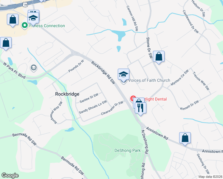 map of restaurants, bars, coffee shops, grocery stores, and more near 2424 Rockbridge Road Southwest in Stone Mountain