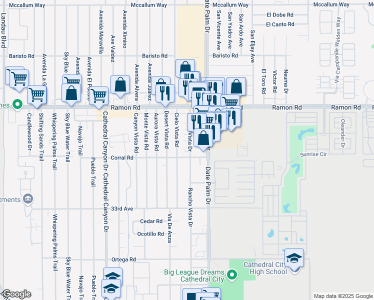 map of restaurants, bars, coffee shops, grocery stores, and more near 32425 Rancho Vista Drive in Cathedral City