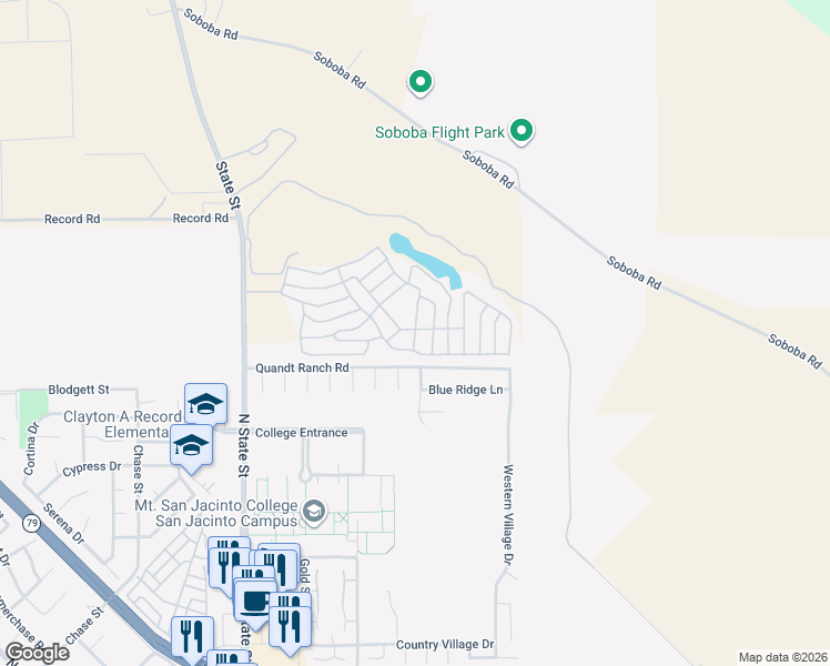 map of restaurants, bars, coffee shops, grocery stores, and more near 21100 State Street in San Jacinto
