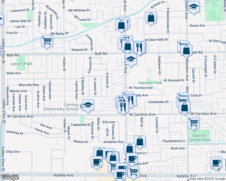 map of restaurants, bars, coffee shops, grocery stores, and more near 3539 West Greentree Circle in Anaheim