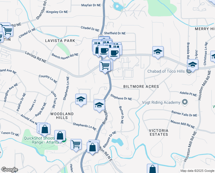 map of restaurants, bars, coffee shops, grocery stores, and more near 1234 Weatherstone Drive Northeast in Atlanta