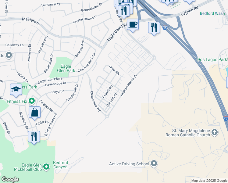 map of restaurants, bars, coffee shops, grocery stores, and more near 4172 Horvath Street in Corona