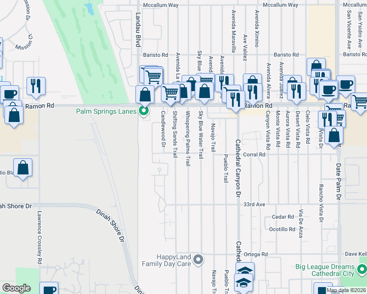 map of restaurants, bars, coffee shops, grocery stores, and more near 32389 Whispering Palms Trail in Cathedral City