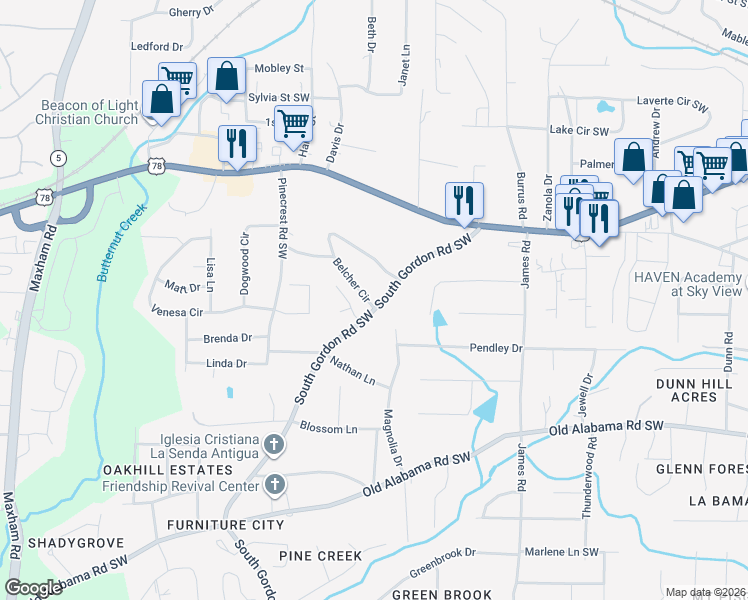 map of restaurants, bars, coffee shops, grocery stores, and more near 5804 South Gordon Road Southwest in Austell