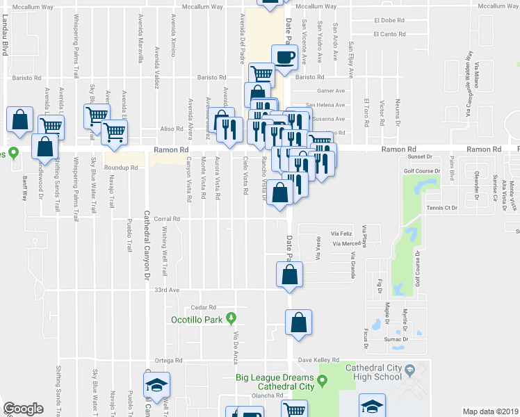 map of restaurants, bars, coffee shops, grocery stores, and more near 32425 Rancho Vista Drive in Cathedral City