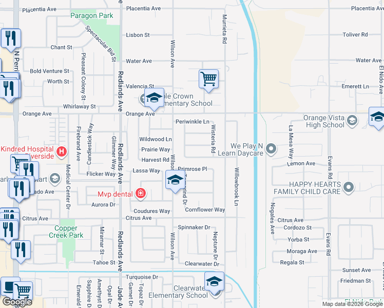 map of restaurants, bars, coffee shops, grocery stores, and more near 672 Anthirium Avenue in Perris