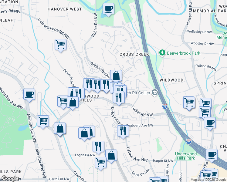 map of restaurants, bars, coffee shops, grocery stores, and more near 2112 Lilly Way Northwest in Atlanta
