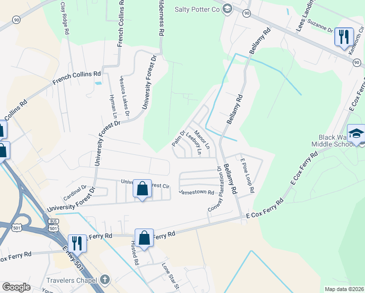 map of restaurants, bars, coffee shops, grocery stores, and more near 1071 Palm Drive in Conway