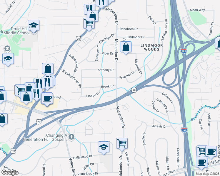 map of restaurants, bars, coffee shops, grocery stores, and more near 3137 Brook Drive in Decatur