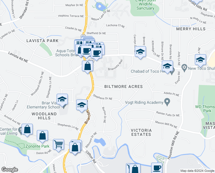 map of restaurants, bars, coffee shops, grocery stores, and more near 1410 Lively Ridge Road Northeast in Atlanta