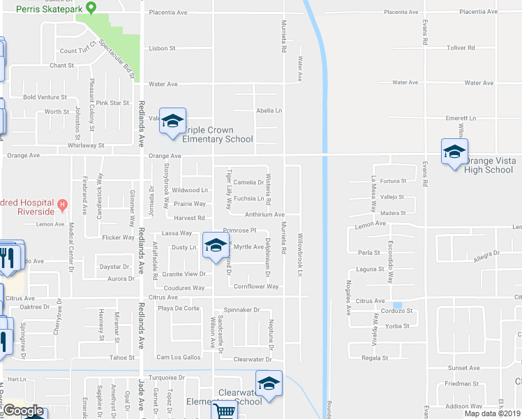 map of restaurants, bars, coffee shops, grocery stores, and more near 730 Anthirium Avenue in Perris