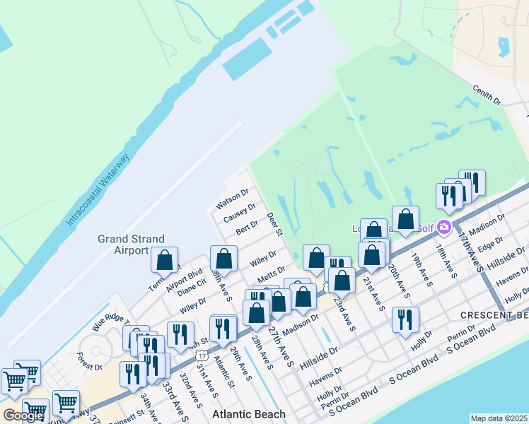 map of restaurants, bars, coffee shops, grocery stores, and more near 2400 Bert Drive in North Myrtle Beach