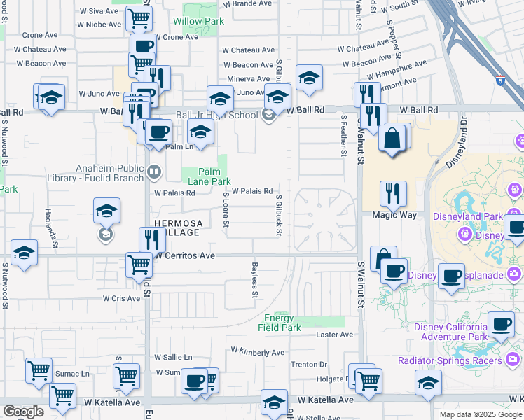 map of restaurants, bars, coffee shops, grocery stores, and more near 1536 West Chanticleer Road in Anaheim