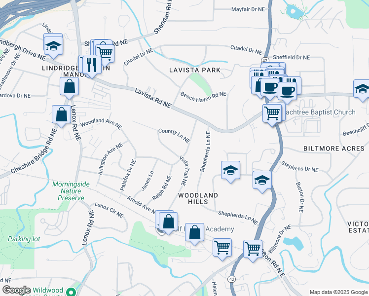 map of restaurants, bars, coffee shops, grocery stores, and more near 1412 Woodland Hills Drive Northeast in Atlanta