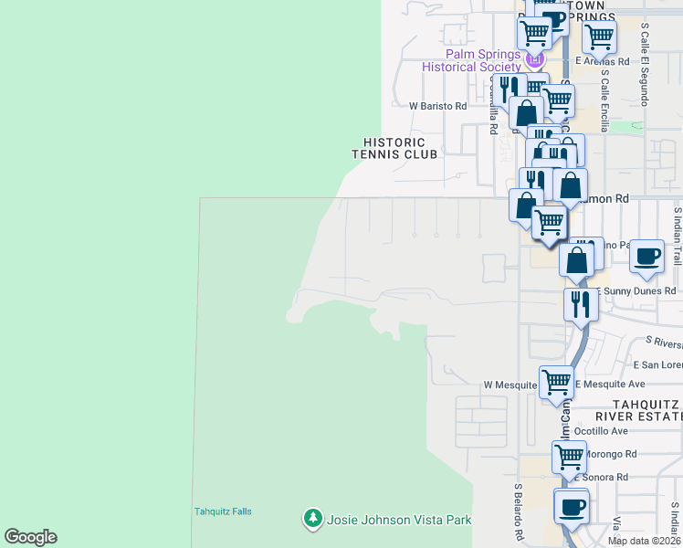 map of restaurants, bars, coffee shops, grocery stores, and more near 665 South La Mirada Road in Palm Springs