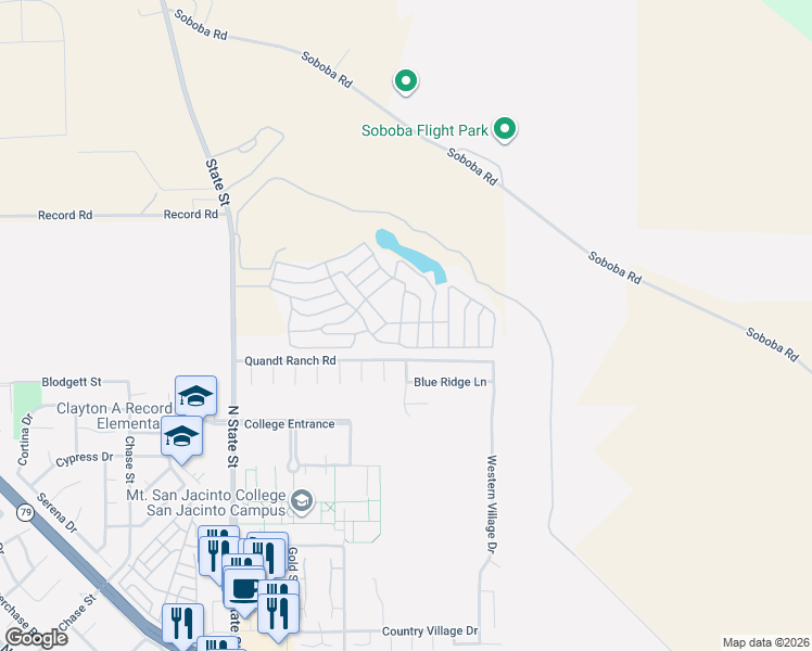 map of restaurants, bars, coffee shops, grocery stores, and more near 21100 State Street in San Jacinto