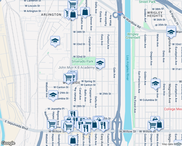 map of restaurants, bars, coffee shops, grocery stores, and more near 3030 Caspian Avenue in Long Beach