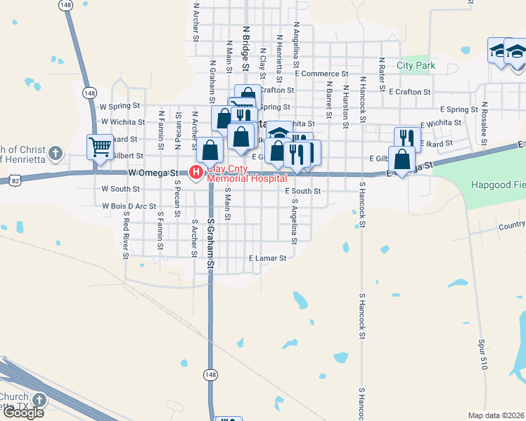 map of restaurants, bars, coffee shops, grocery stores, and more near 207 East Bois D Arc Street in Henrietta