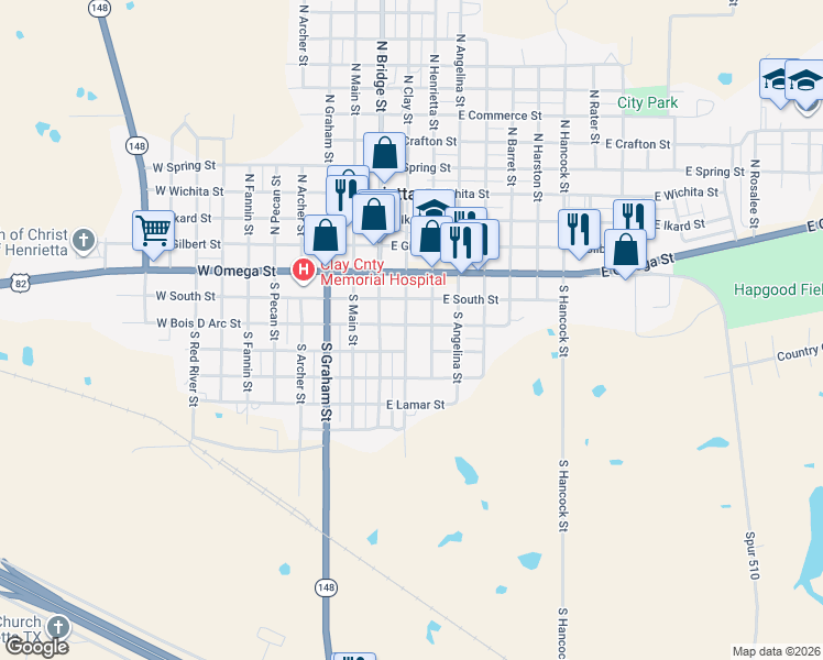 map of restaurants, bars, coffee shops, grocery stores, and more near 207 East Bois D Arc Street in Henrietta
