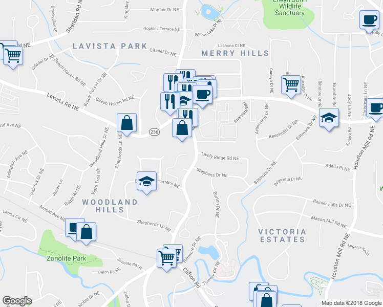 map of restaurants, bars, coffee shops, grocery stores, and more near 1236 Weatherstone Drive Northeast in Atlanta