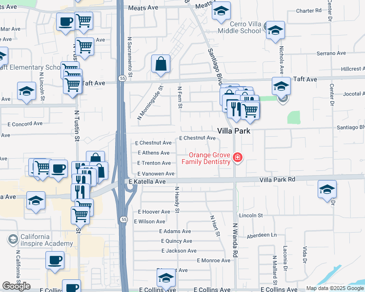map of restaurants, bars, coffee shops, grocery stores, and more near 1570 North Fern Street in Orange