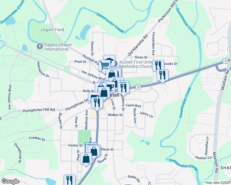 map of restaurants, bars, coffee shops, grocery stores, and more near 2745 Veterans Memorial Highway Southwest in Austell