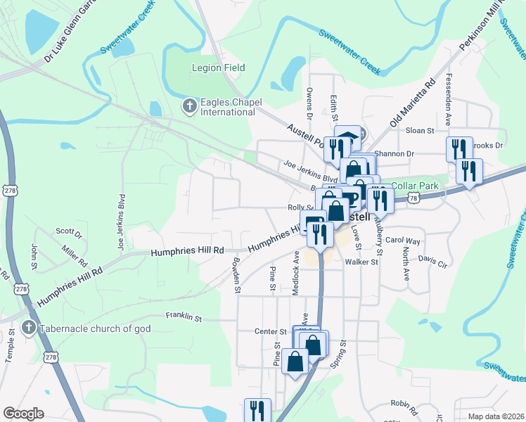 map of restaurants, bars, coffee shops, grocery stores, and more near 5824 Humphries Street in Austell