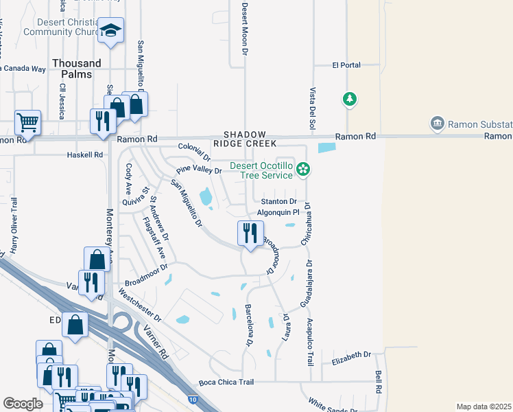 map of restaurants, bars, coffee shops, grocery stores, and more near 73533 Stanton Drive in Thousand Palms