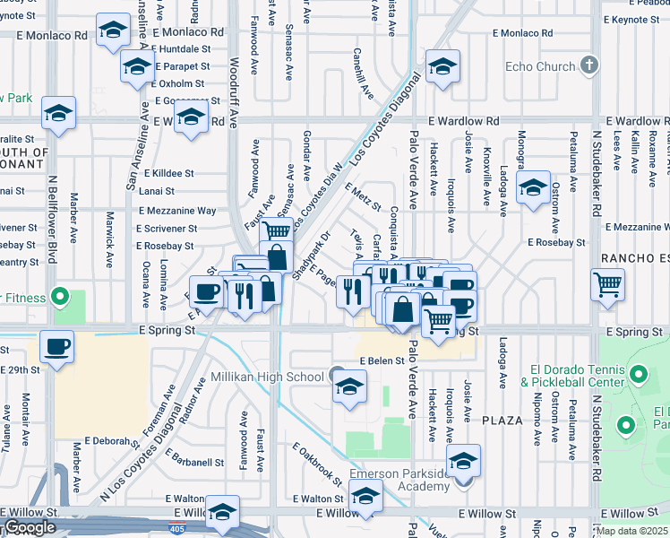 map of restaurants, bars, coffee shops, grocery stores, and more near 6136 East Rosebay Street in Long Beach