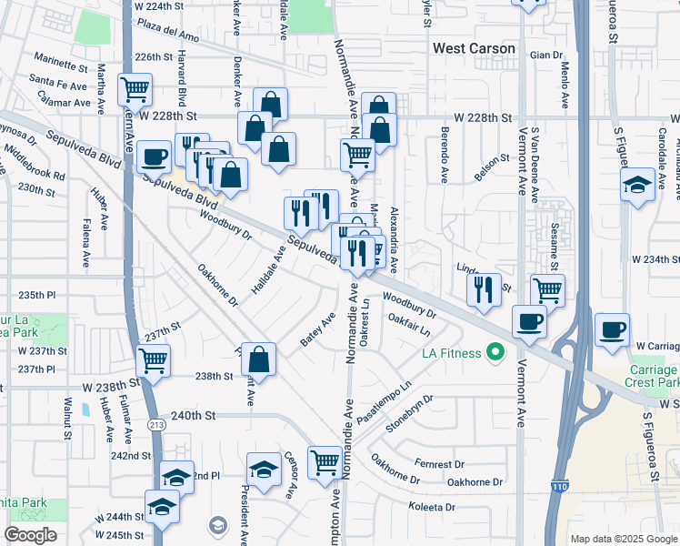 map of restaurants, bars, coffee shops, grocery stores, and more near 23291 Clearpool Place in Los Angeles