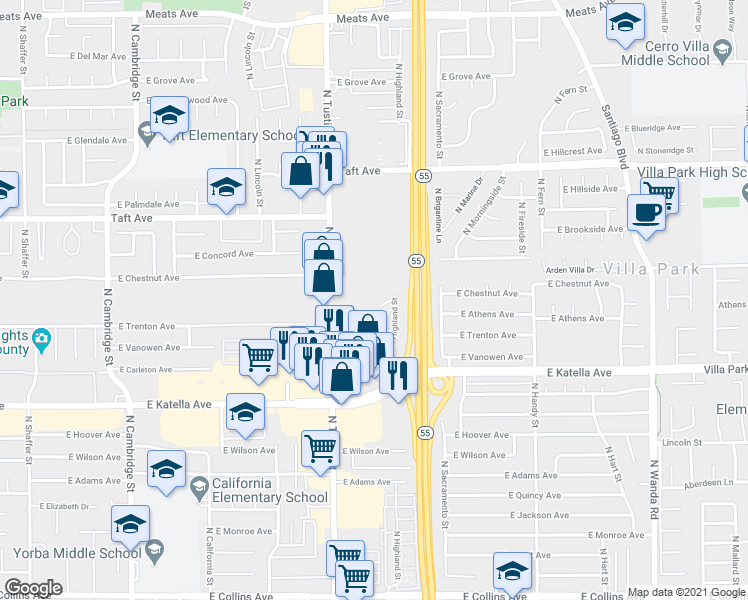 map of restaurants, bars, coffee shops, grocery stores, and more near 1843 East Chestnut Avenue in Orange