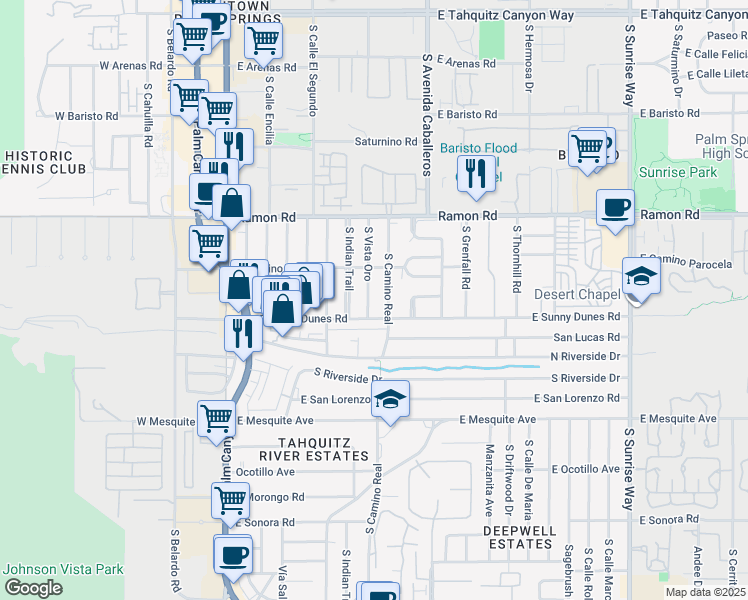map of restaurants, bars, coffee shops, grocery stores, and more near 666 South Vista Oro in Palm Springs