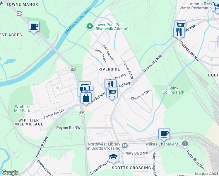 map of restaurants, bars, coffee shops, grocery stores, and more near 2088 Bolton Road Northwest in Atlanta