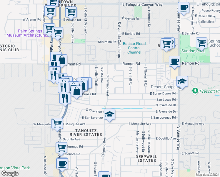 map of restaurants, bars, coffee shops, grocery stores, and more near 10 Warm Sands Place in Palm Springs