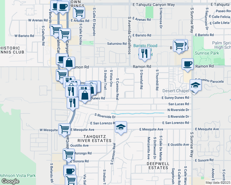 map of restaurants, bars, coffee shops, grocery stores, and more near 666 South Vista Oro in Palm Springs