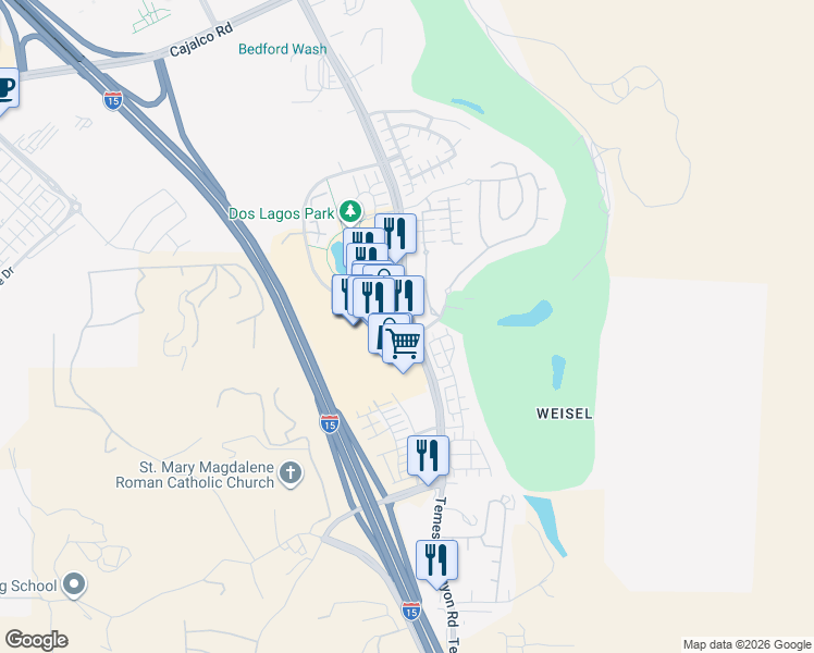 map of restaurants, bars, coffee shops, grocery stores, and more near 21149 Temescal Canyon Road in Corona