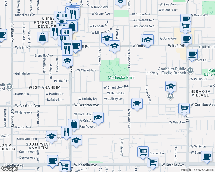 map of restaurants, bars, coffee shops, grocery stores, and more near 1973 West Chanticleer Road in Anaheim