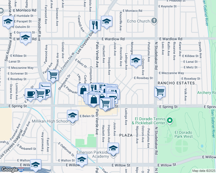 map of restaurants, bars, coffee shops, grocery stores, and more near 3087 Hackett Avenue in Long Beach