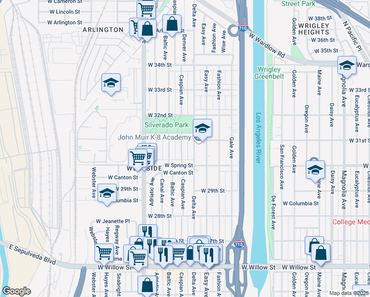 map of restaurants, bars, coffee shops, grocery stores, and more near 3034 Caspian Avenue in Long Beach
