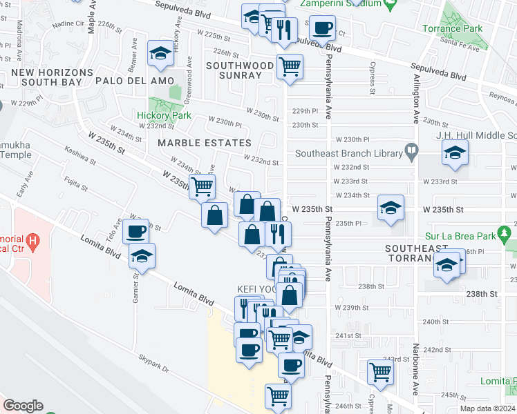 map of restaurants, bars, coffee shops, grocery stores, and more near in Torrance