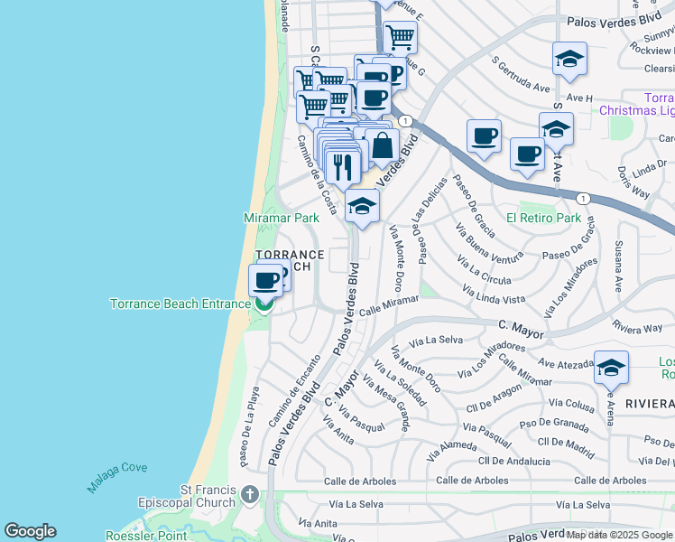 map of restaurants, bars, coffee shops, grocery stores, and more near 343 Camino de la Costa in Redondo Beach