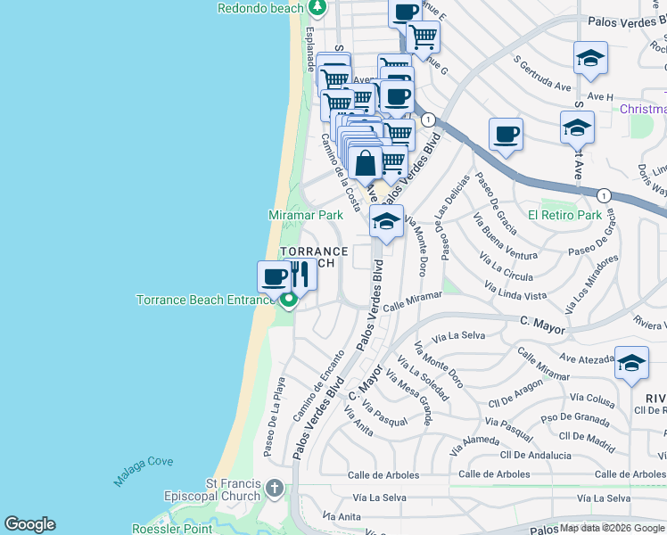 map of restaurants, bars, coffee shops, grocery stores, and more near 313 Calle Miramar in Redondo Beach