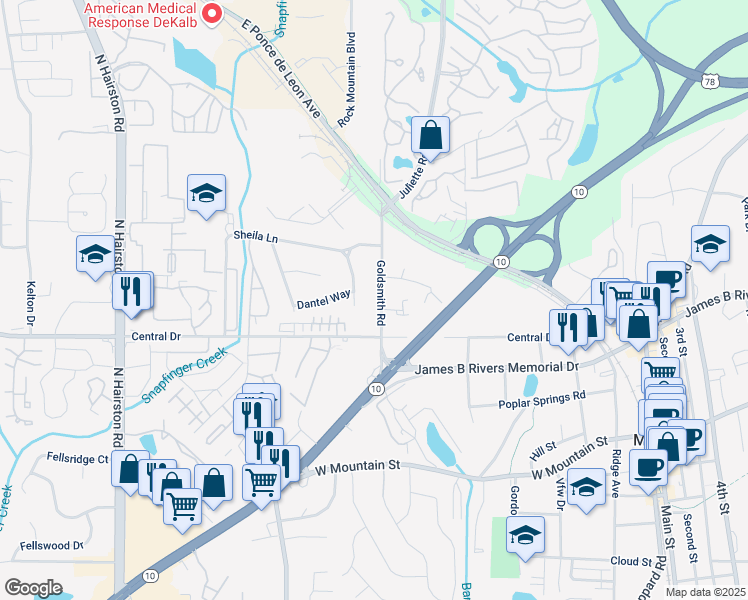 map of restaurants, bars, coffee shops, grocery stores, and more near 1150 Goldsmith Road in Stone Mountain