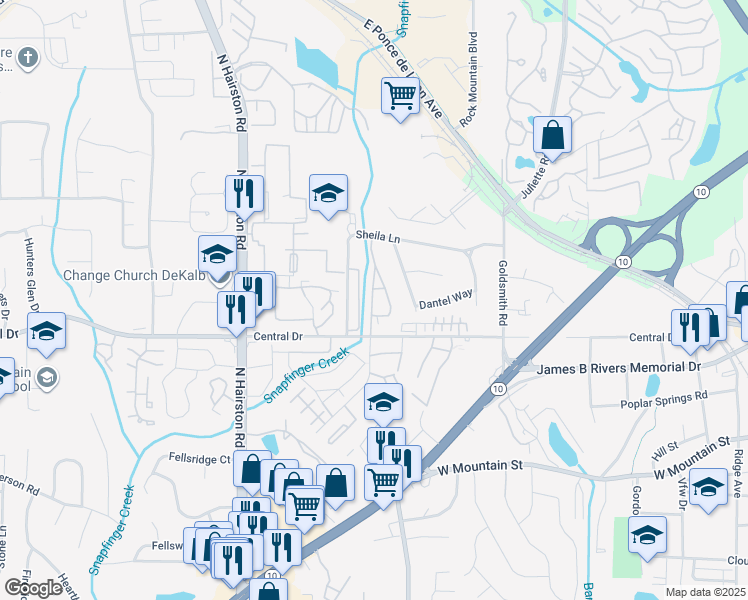 map of restaurants, bars, coffee shops, grocery stores, and more near 4900 Central Drive in Stone Mountain