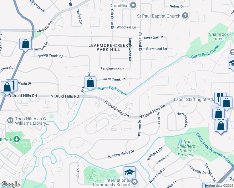 map of restaurants, bars, coffee shops, grocery stores, and more near 2353 Medlock Lane in Decatur