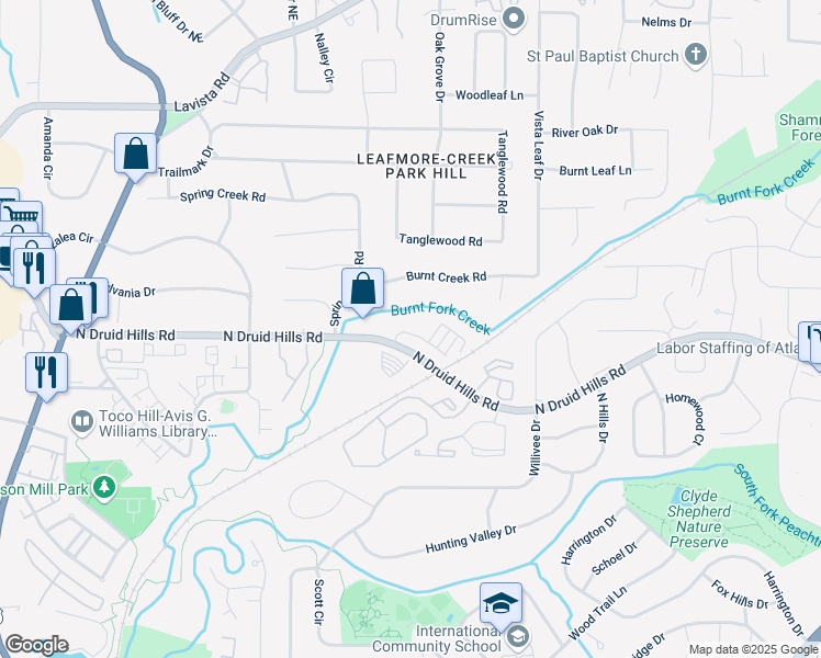 map of restaurants, bars, coffee shops, grocery stores, and more near 1122 Provence Lane in Decatur